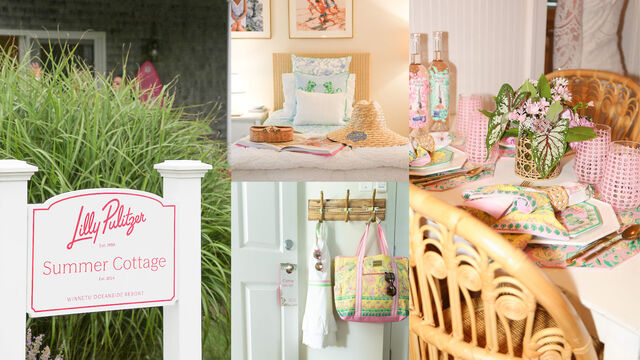 Collage of hotel room decorated in Lilly Pulitzer decor